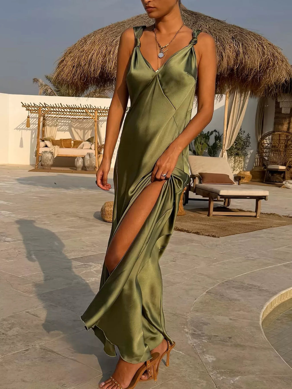 Sally's Satin V-Neck Slit Maxi Dress