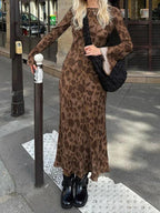 Crew Neck Bell Sleeve Botanical Print Slim Maxi Dress