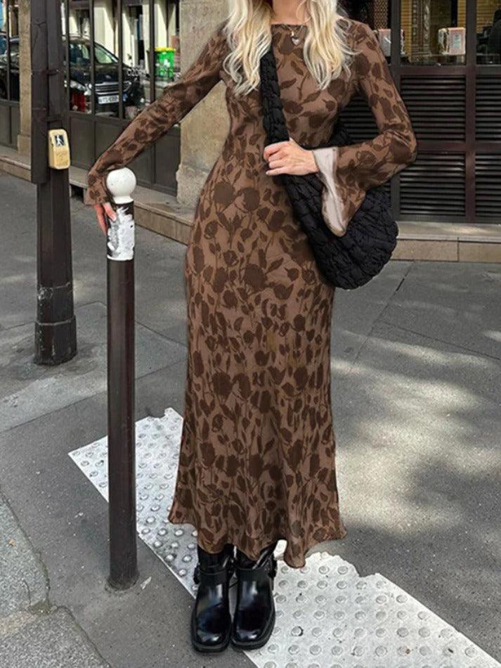 Crew Neck Bell Sleeve Botanical Print Slim Maxi Dress