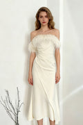 Strapless Feather Trim Neckline Draped Wrap Front Asymmetric Hem Midi Dress