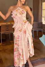 Dream Ode Lily Pad Style Pleats and Ruffles Halter Gown Maxi Dress