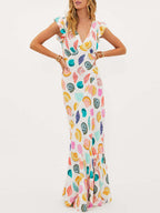 Seashell Print Deep V-Neck Flutter Sleeve Mermaid Maxi Dress