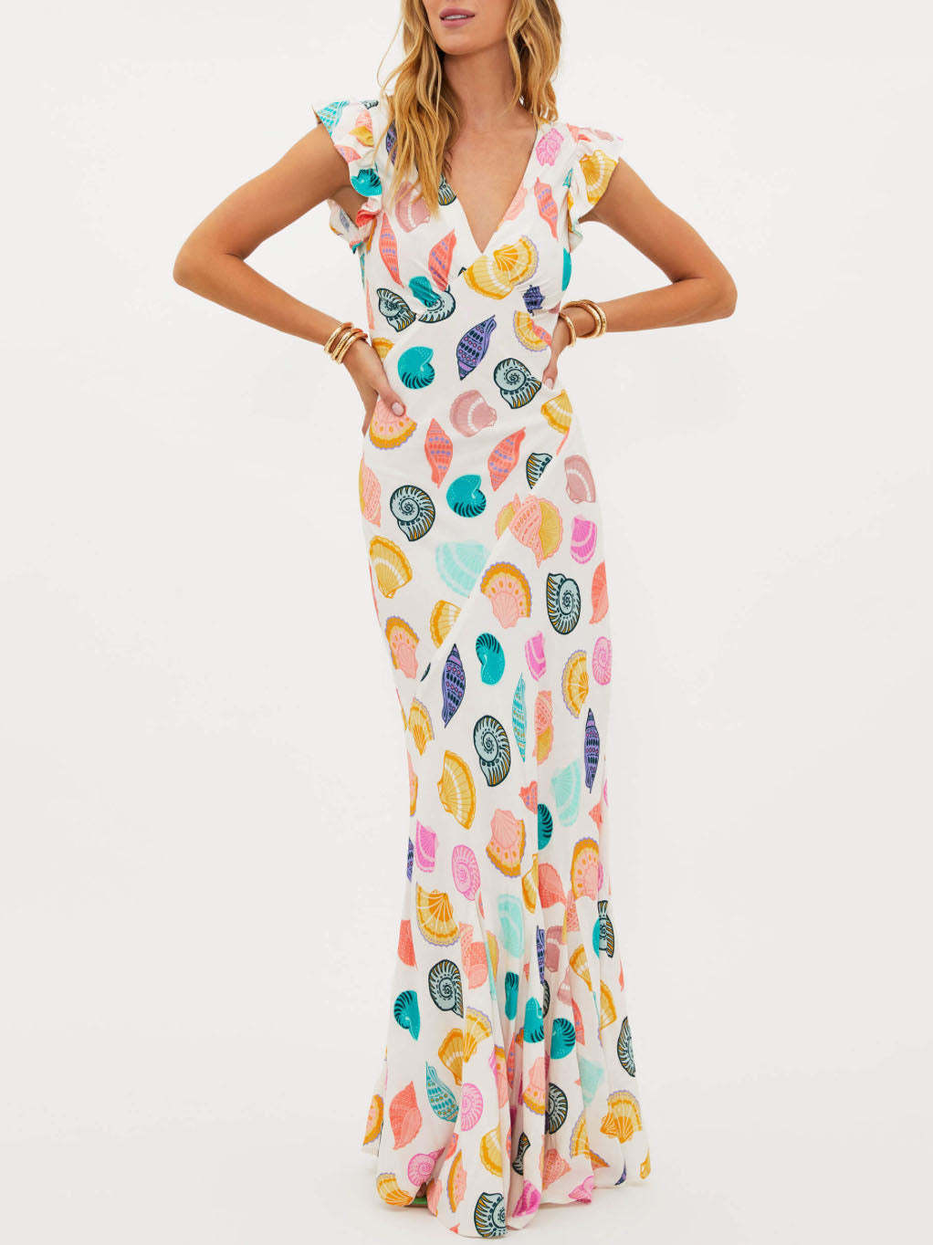 Seashell Print Deep V-Neck Flutter Sleeve Mermaid Maxi Dress
