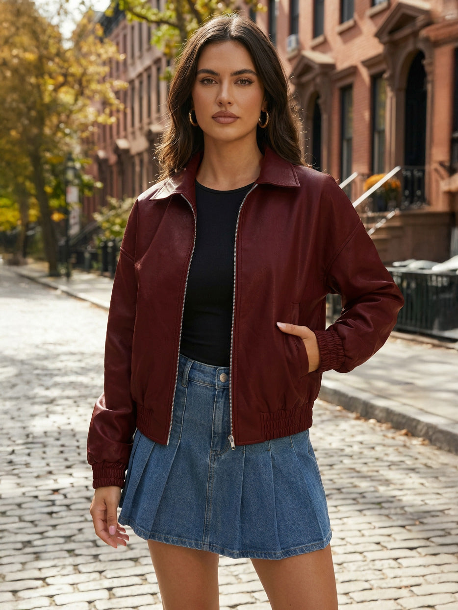 Vintage Oversized Faux Leather Bomber Jacket With Elastic Hem For Women 2026