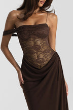 Lace Sweetheart One Shoulder Spaghetti Strap Draped Cowl Mermaid Maxi Dress