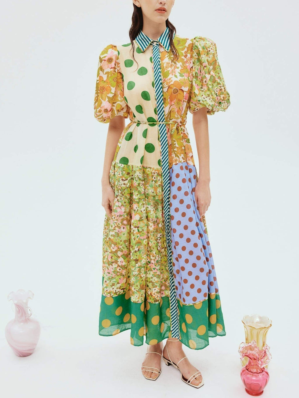 Striped Collar Button Front Puff Sleeve Patchwork Print Tiered Midi Shirt Dress