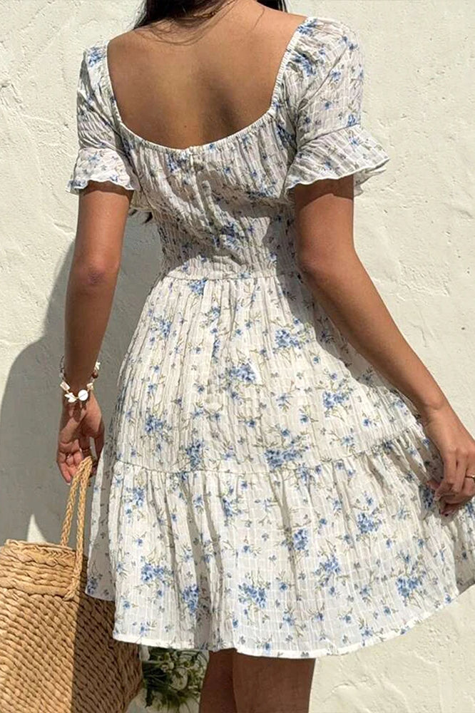 Floral Puff Sleeve Smocked Waist Sweetheart Tie Summer Mini Dress