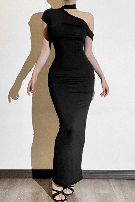 Velvet One Shoulder Choker Strap Cap Sleeve Bodycon Maxi Dress
