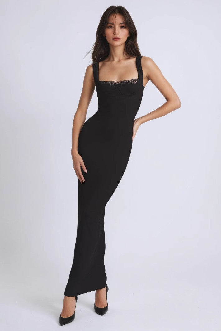 Square Neck Corset Lace Trim Wide Strap Column Maxi Dress