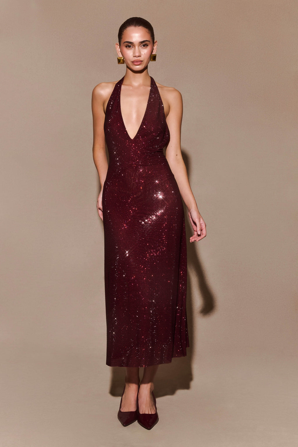 Sequin Halter Neck Deep V-Neck Bodycon Midi Dress