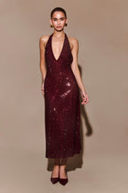Sequin Halter Neck Deep V-Neck Bodycon Midi Dress