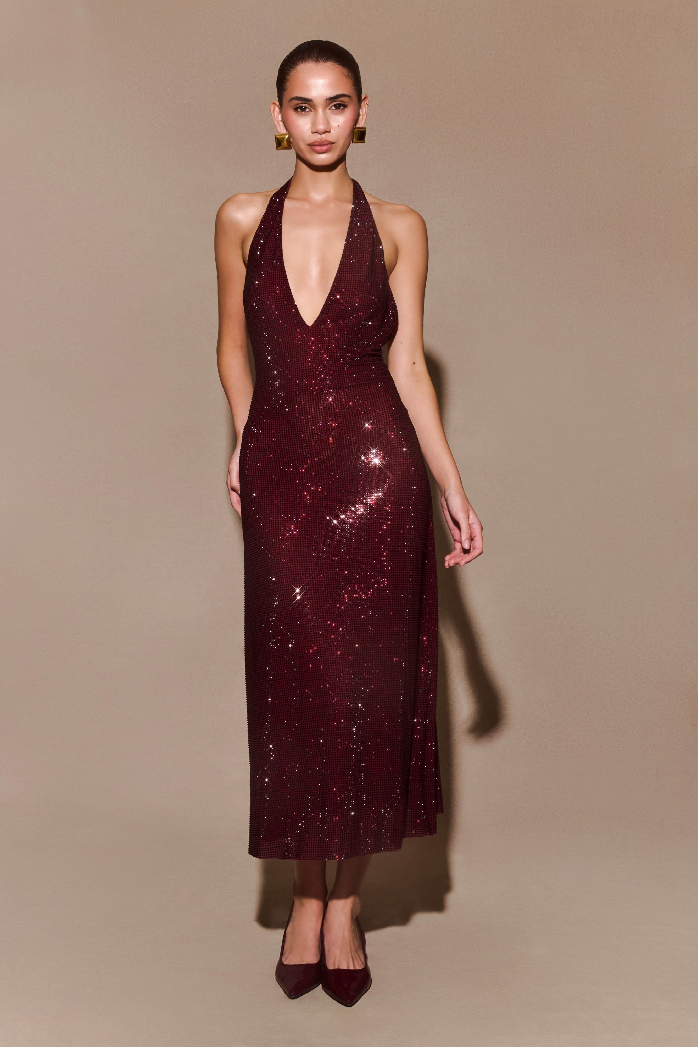 Sequin Halter Neck Deep V-Neck Bodycon Midi Dress