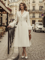 Vintage A-line Woolen Flared Midi Coat With Detachable faux fur cuffs In White 2026