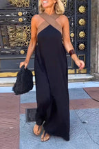 Halter Neck Mesh Illusion Panel Flowy Maxi Dress