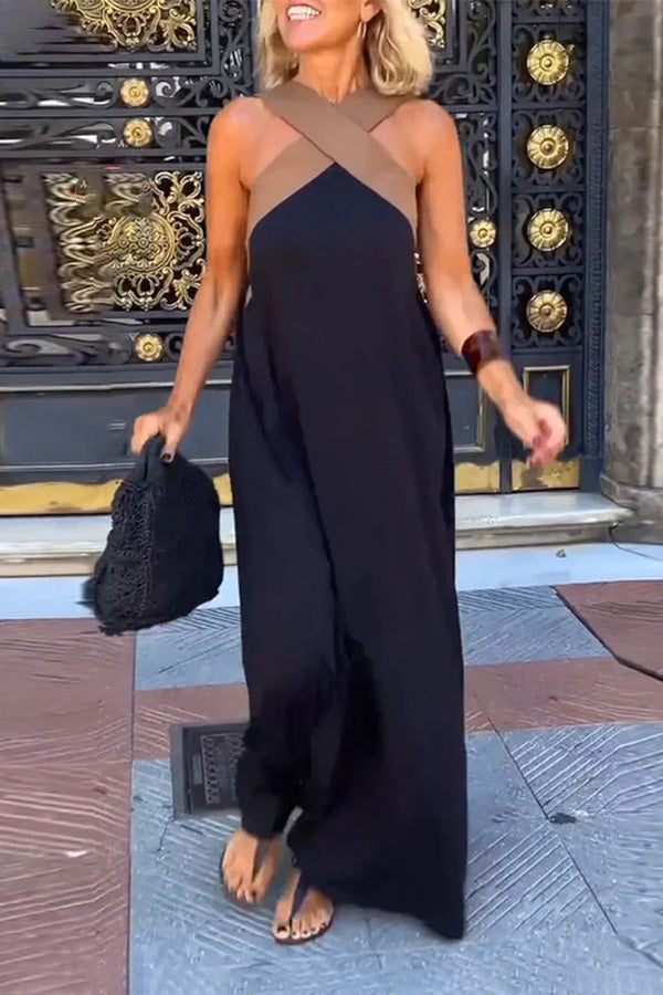 Halter Neck Mesh Illusion Panel Flowy Maxi Dress