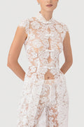 Saphina Floral Lace Pipa Knot Detail Short Sleeve Center Front Slit Maxi Top