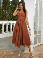 Corset Midi Dress Spaghetti Straps Shirred Lace-up Tulle Skirt Dresses