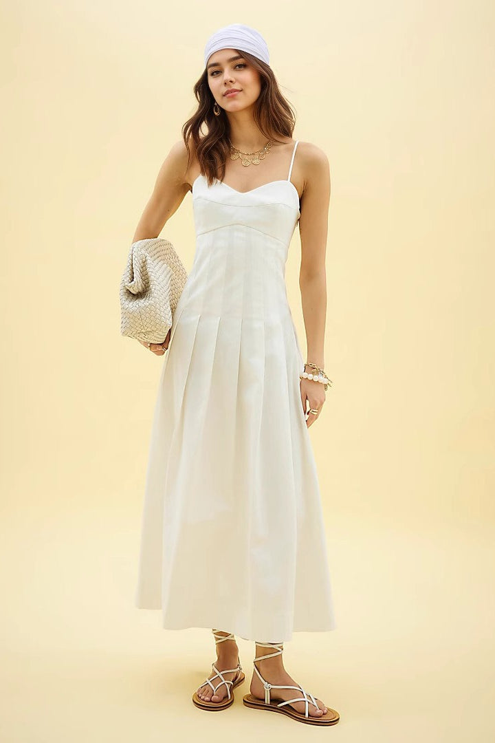 Spaghetti Strap Corset Bodice Knife Pleat A-Line Midi Dress