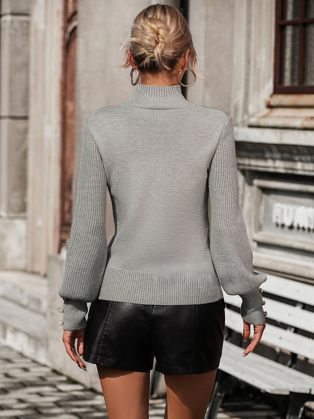 Burgundy Sweater High Collar Long Sleeves Ribbed Cuff Buttons Sweater