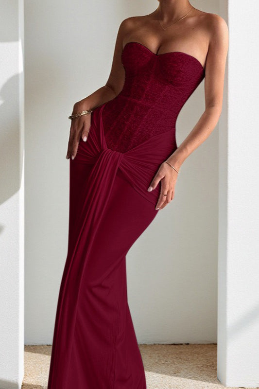 Sequin Strapless Corset Sweetheart Draped Knot Waist Formal Maxi Gown