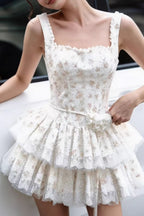 Apricot Square Neck Lace Trim Swiss Dot Tiered Belted Mini Dress
