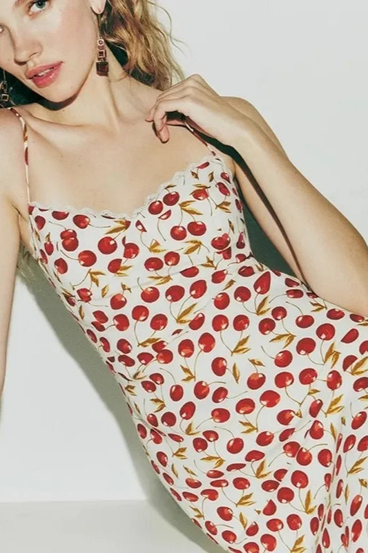 Cherry Print Spaghetti Strap Bodycon Midi Dress