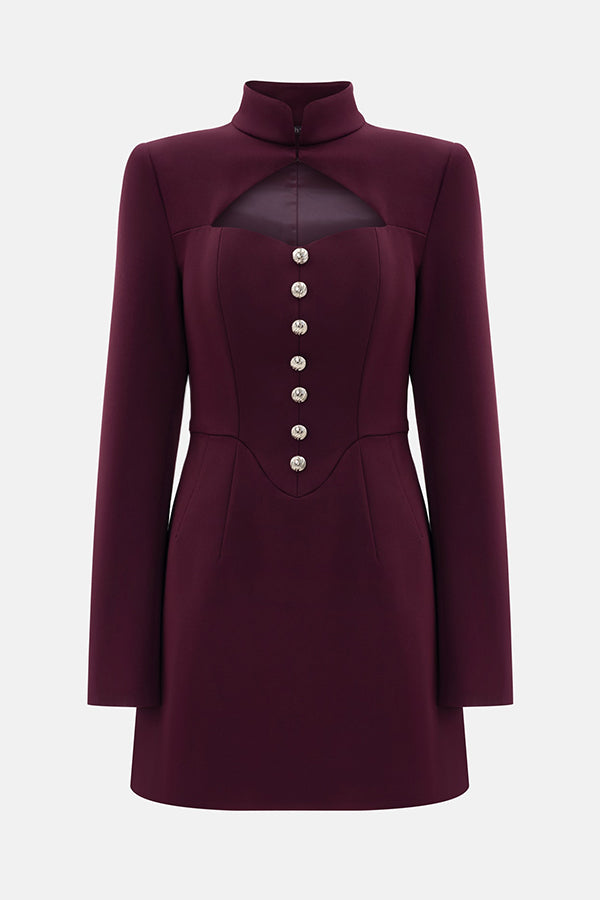 Elegant Long-sleeved Hollowed-out Button-down Slim-fit Mini Dress