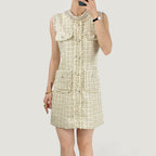 Pearl Embellished Neckline Button Front Fringe Trim Tweed Mini Dress
