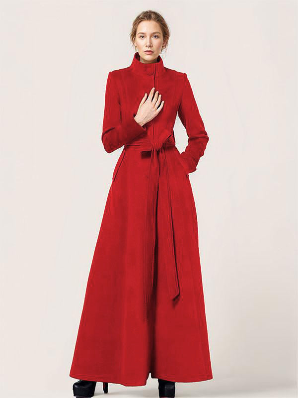 Long Wool Blend Coat Stand collar Belted Warm Classic Full-length Winter Outerwear For Women 2026