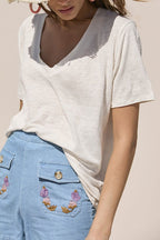 Minimalist Solid Deep V Neck Slub Cotton Loose T-shirt