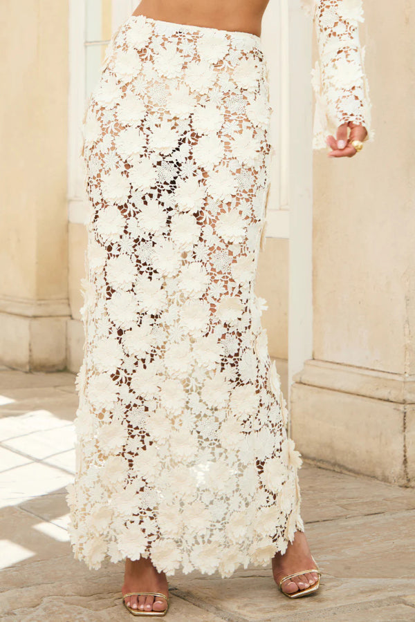 Stylish Long-sleeved Backless Lace Top and Elegant Openwork Maxi Fishtail Skirt Set
