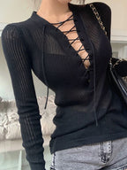 Solid V Neck Lace Up Long Sleeve Knit