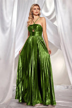 Pleated Metallic Halter Neck Cutout High Slit Maxi Gown