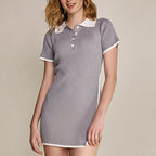 Rib Knit Polo Collar Contrast Trim Wrap Hem Mini Dress