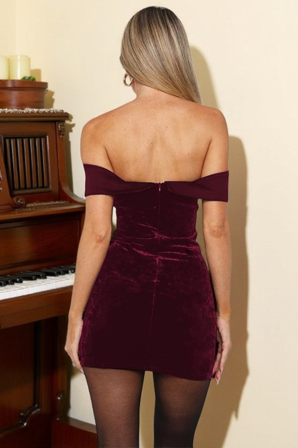Burgundy Off Shoulder Backless Velvet Bodycon Mini Dress