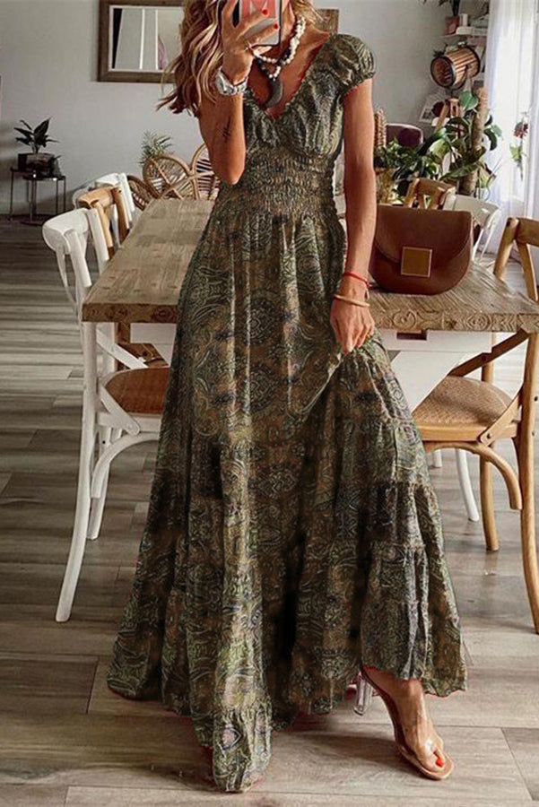 Paisley Print Ruffle V Neck Smocked Waist Tiered Maxi Dress