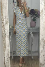Geometric Print Padded Shoulder Center Slit Column Midi Dress