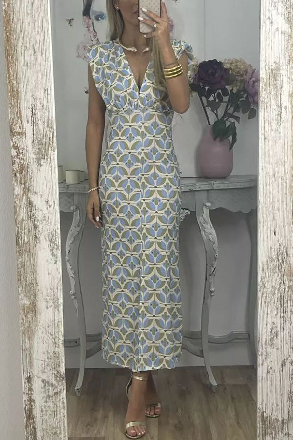 Geometric Print Padded Shoulder Center Slit Column Midi Dress