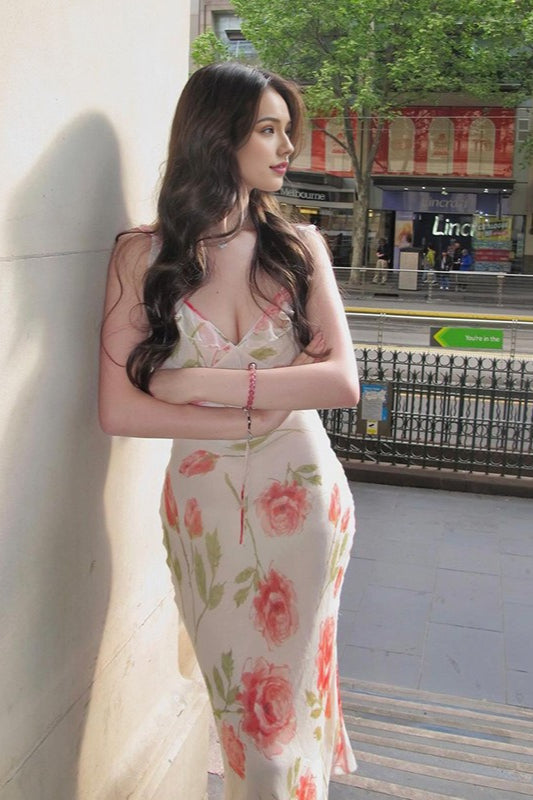 Floral Print Ruffle Trim Deep V-Neck Tie Front Bodycon Midi Dress
