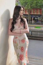 Floral Print Ruffle Trim Deep V-Neck Tie Front Bodycon Midi Dress