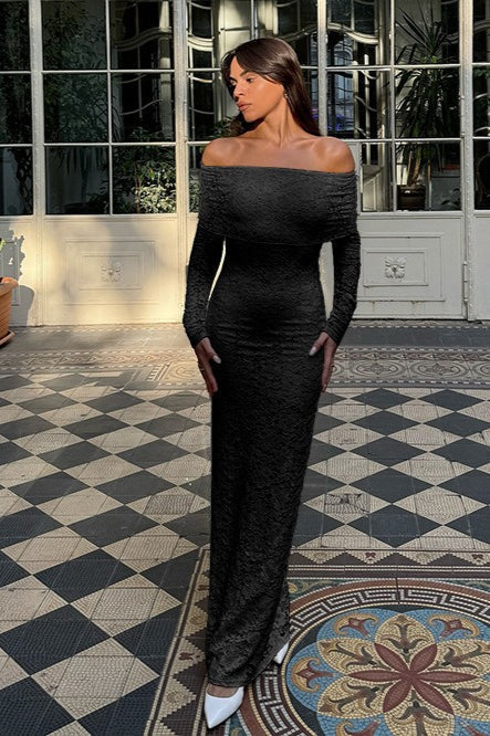 Lace Off Shoulder Long Sleeve Fold Over Panel Column Maxi Gown