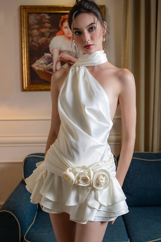 Satin Halter Neck Draped Rose Applique Tiered Ruffle Mini Dress