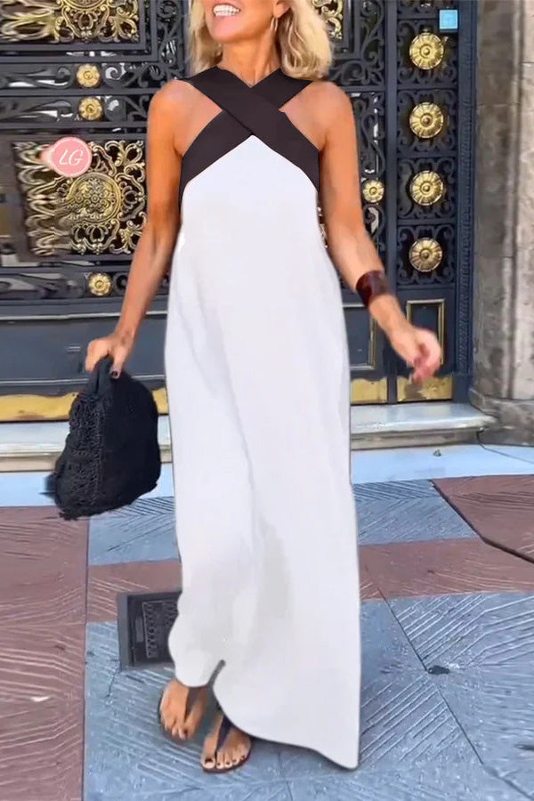 Halter Neck Mesh Illusion Panel Flowy Maxi Dress