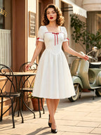 Vintage Dress Women's Puff Sleeve Midi Dress Square Neck Tie Front Fit And Flare Vintage Dress