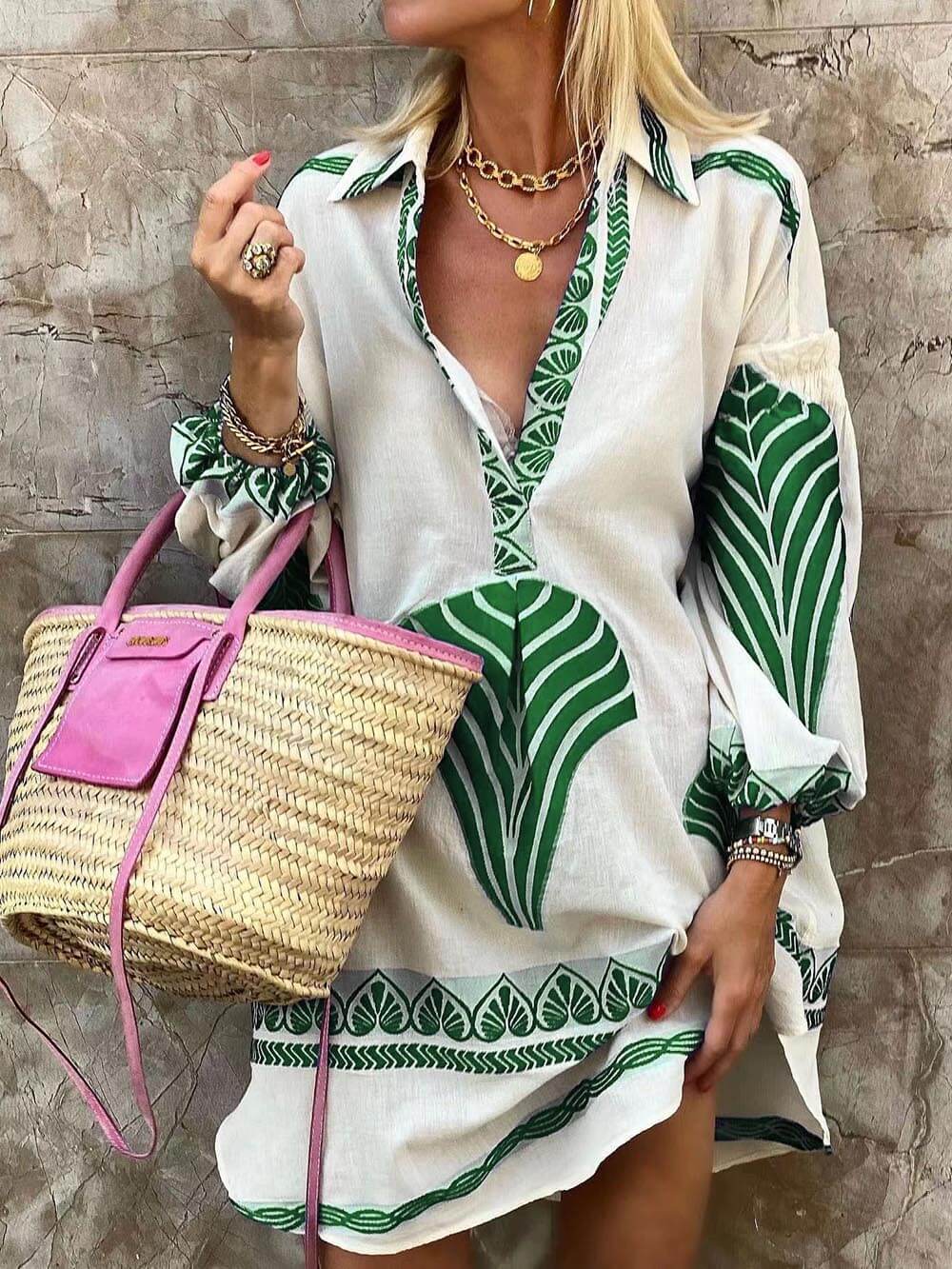 V-Neck Palm Leaf Print Lantern Sleeve Border Trim Mini Shirt Dress