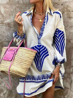 V-Neck Palm Leaf Print Lantern Sleeve Border Trim Mini Shirt Dress