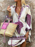 V-Neck Palm Leaf Print Lantern Sleeve Border Trim Mini Shirt Dress