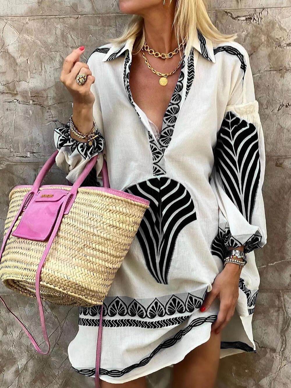 V-Neck Palm Leaf Print Lantern Sleeve Border Trim Mini Shirt Dress