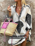 V-Neck Palm Leaf Print Lantern Sleeve Border Trim Mini Shirt Dress