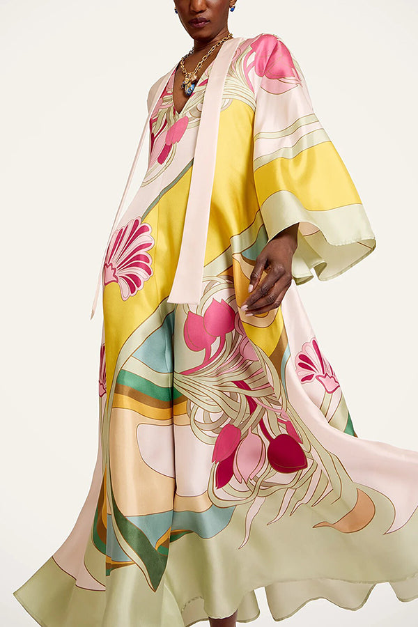Darla Satin Colorful Baroque Style Printed Tie-up Neck Bell Sleeve Maxi Dress